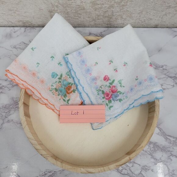 Vintage Accessories - Vintage Hankerchief Hankie Hanky Lot of 2 White Peach Floral  White Blue Floral